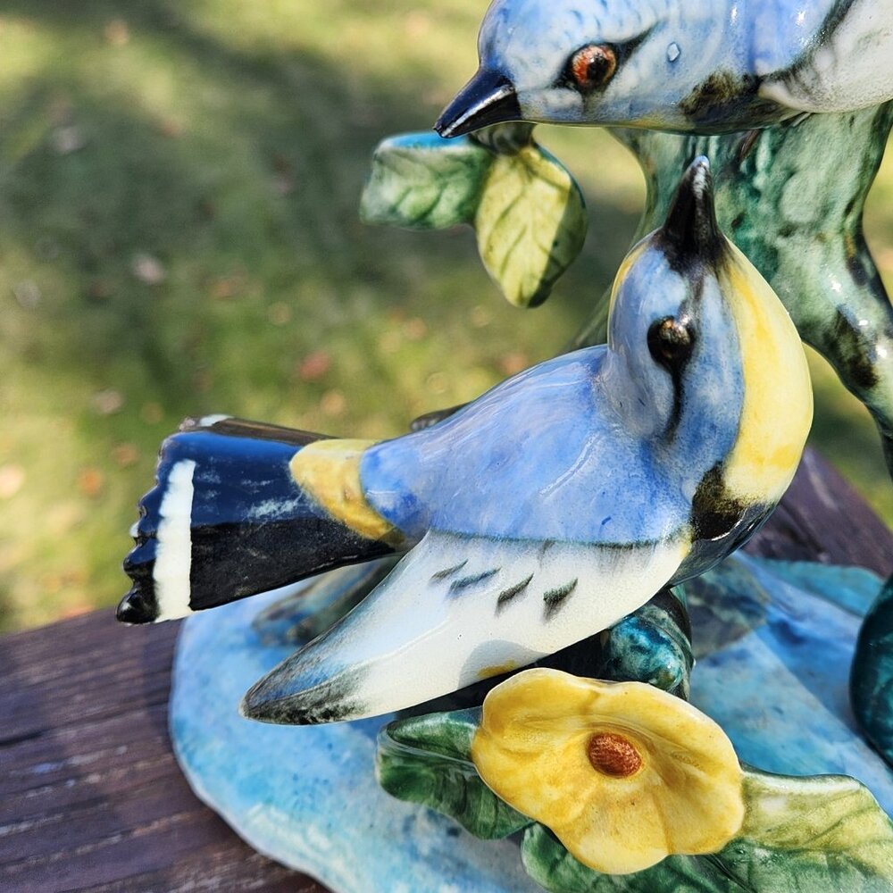 Stangl Pottery Bird 3756 Double Audubon Warblers on w Branch Yellow Flower Large - Picture 2 of 11